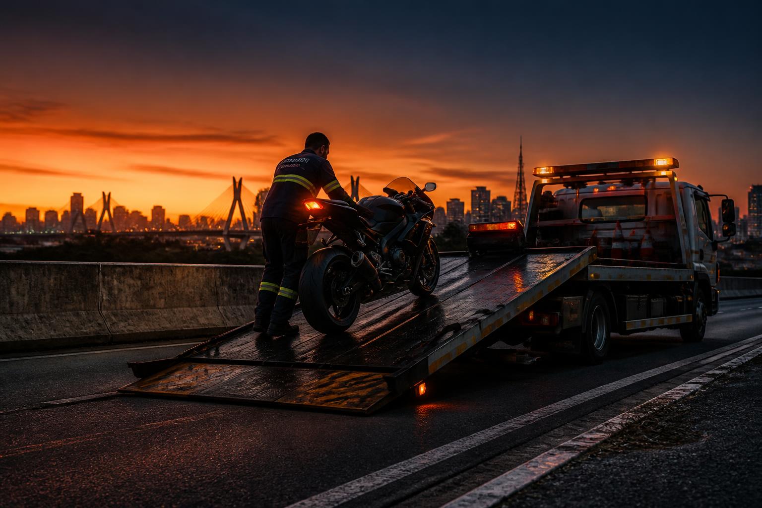 Operador carregando moto esportiva em prancha ao pôr do sol em São Paulo